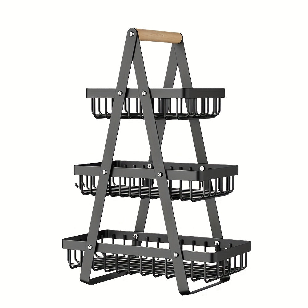 1 Cesta de Almacenamiento de Frutas de Metal de Múltiples Niveles con Asas de Madera - 2 Niveles para Frutas, Verduras y Especias - Soluciones Modernas de Almacenamiento para Cocina, Baño y Hogar, Cesta de Frutas