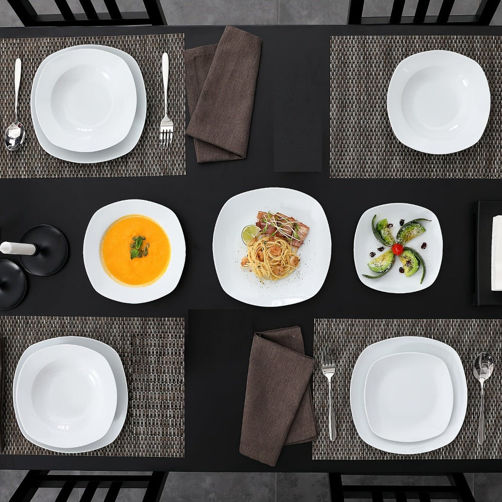 Juego de platos de 18 piezas con 6 platos de cena/plato de sopa/plato de postre, juego de vajilla de porcelana blanca gris claro para 6 personas
