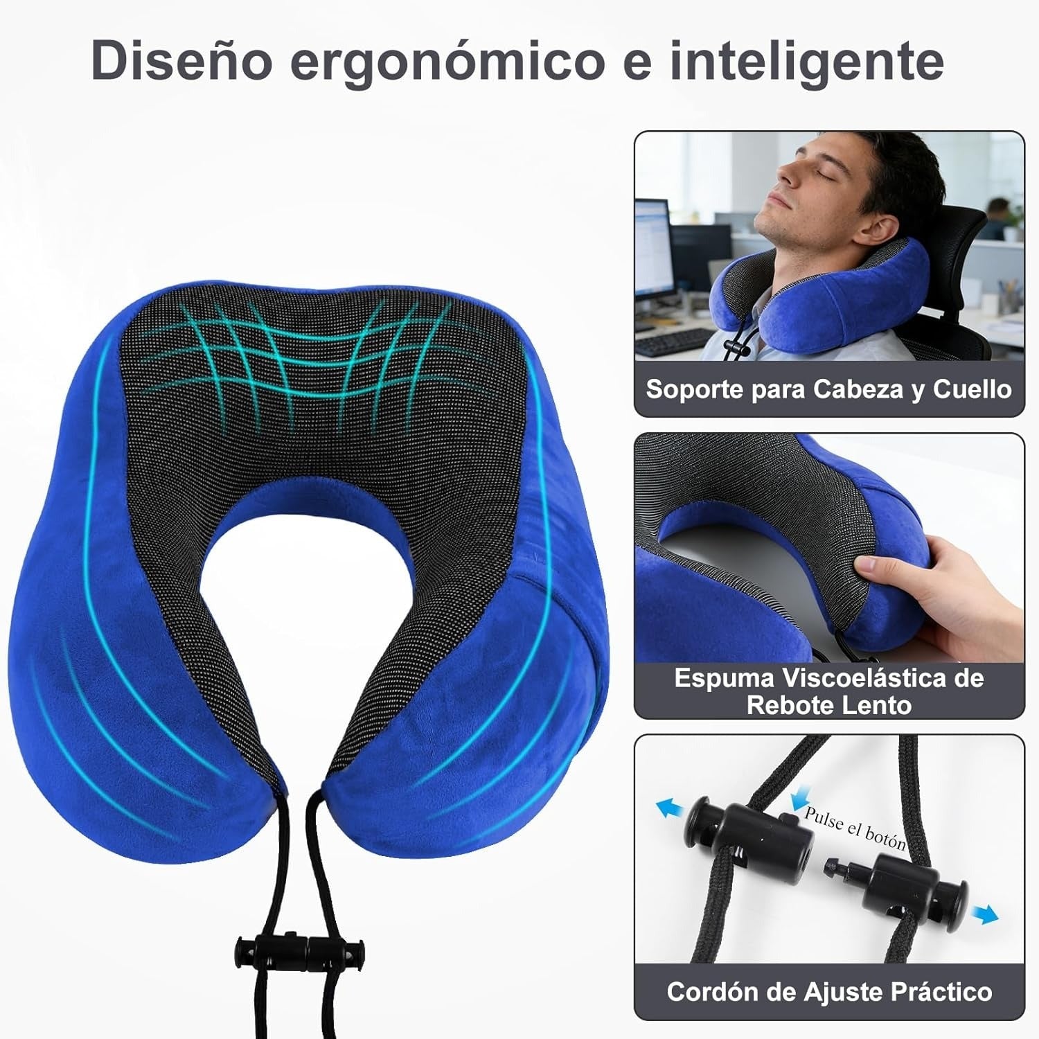 Una Almohada Cervical Ergonómica en Forma de U con Bolsa de Almacenamiento, Espuma de Memoria con Tecnología de Rebote Lento, Funda Lavable a Máquina, Ligera y Portátil para Avión, Oficina y Hogar, Apoya Cuello y Cabeza, Ideal para Siestas, Lectura y Ver