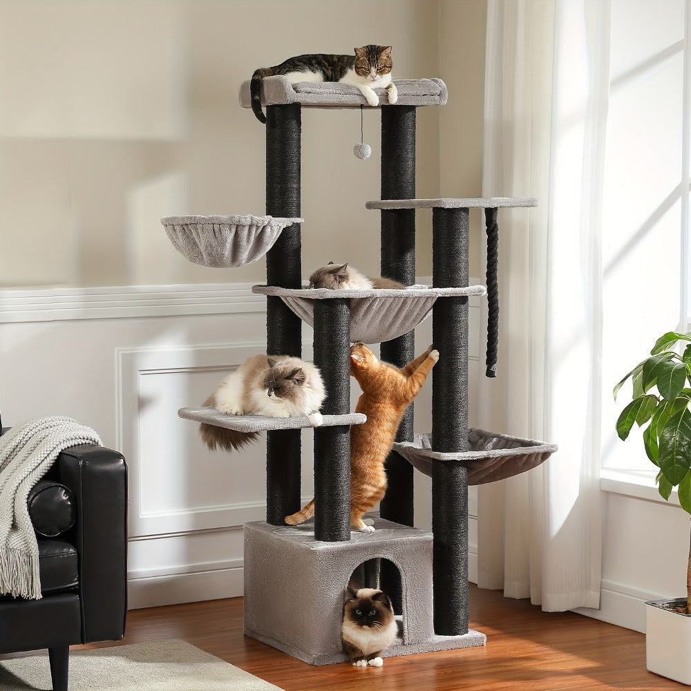 Árbol para Gatos Grande - Torre para Gatos de 170 cm de Altura para Gatos Adultos de Interior con 13 Postes de Rascado Negros Gruesos (10.9 cm), Condominio para Gatos de Múltiples Niveles, Plataforma Súper Grande y Hamacas para Maine Coon de 9 kg