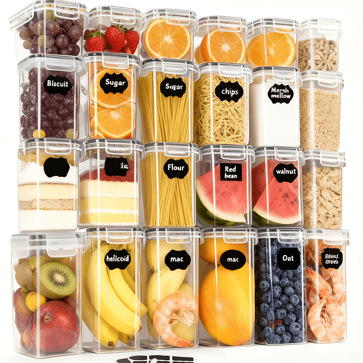 Contenedores Sellados para Alimentos 48/20 piezas, Organizador y Almacenamiento de Gabinetes de Cocina de Múltiples Tamaños, Latas de Plástico Sanas para Granos, Harina, Azúcar, Pasta, Incluyendo Etiquetas y Marcaciones (24/10 Tapas y 24/10 Frascos)