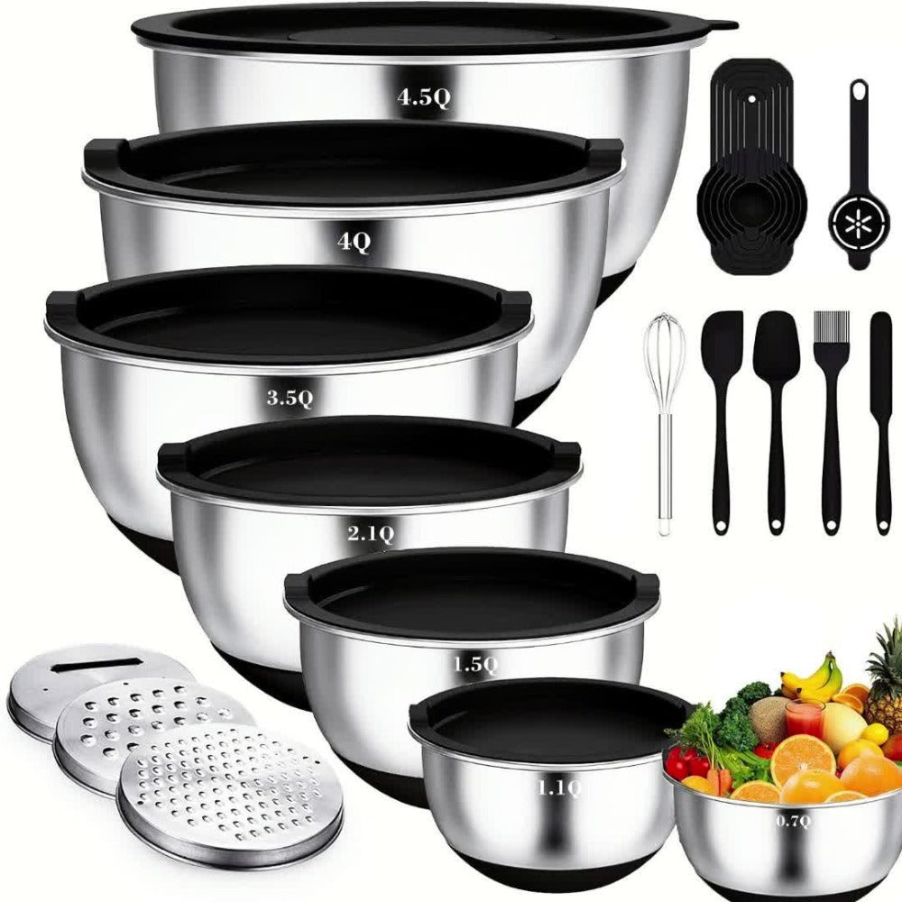 Juego de 21 tazones mezcladores/7 tazones con tapas, tazones para ensalada anidables de acero inoxidable con 3 accesorios de rallador, 7 cucharas medidoras y fondo de silicona antideslizante, tazones de cocina para cocinar, hornear y preparar alimentos, a