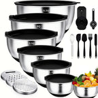 Juego de 21 tazones mezcladores/7 tazones con tapas, tazones para ensalada anidables de acero inoxidable con 3 accesorios de rallador, 7 cucharas medidoras y fondo de silicona antideslizante, tazones de cocina para cocinar, hornear y preparar alimentos, a