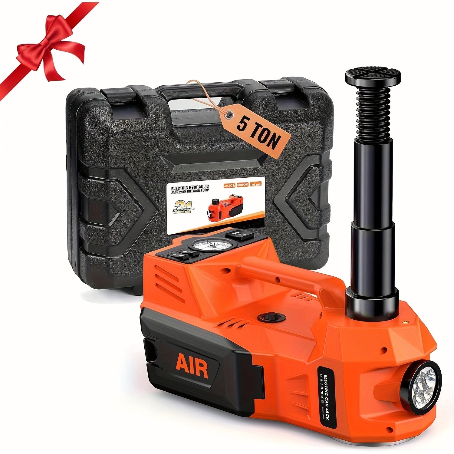 Gato hidráulico de alta resistencia 12V 5T con bomba de inflado de neumáticos y luz LED | Sistema de elevación automotriz (15.5-45Cm de elevación) para cambio de neumáticos de coche, SUV, camión | Herramienta de reparación de garaje