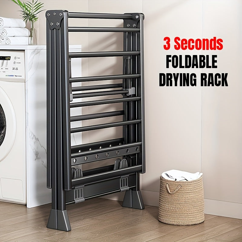 Perchero Plegable de Aluminio Resistente con Estante para Zapatos - Diseño en 3 Segundos, Altura Ajustable, 4 Ruedas para Uso Interior/Exterior, Montaje Sin Herramientas, Estabilidad en Forma de A, Ahorro de Espacio Gris, Secado de Ropa Portátil, Construc