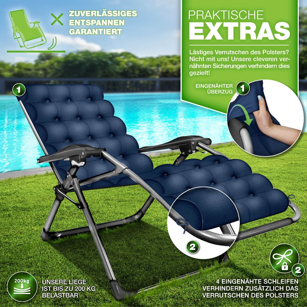 Tillvex® Tumbona Reclinable Plegable hasta 200Kg, Sillón de Sol para Jardín Exterior, Resistente a la Intemperie para Balcón, Jardín y Terraza, Ajustable con Acolchado Grueso, Reclinable, Extra Ancha, con Soporte para Bebidas