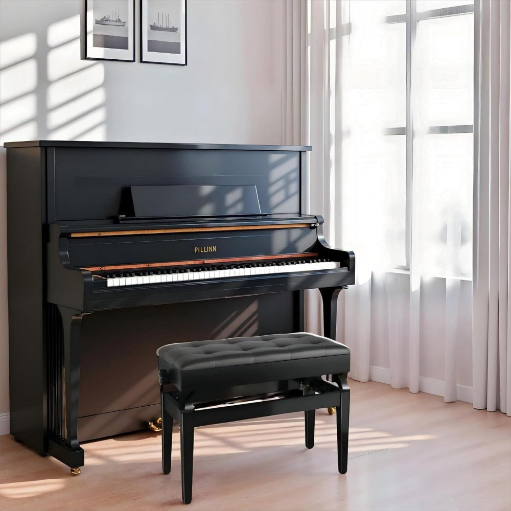Banco para instrumento de teclado, Banco para piano, Altura ajustable 48-58 cm, Banco para piano con espacio de almacenamiento, Cojín de cuero sintético, Capacidad de carga hasta 150 kg, Banco multifuncional, Se puede utilizar como taburete de vestir, tab