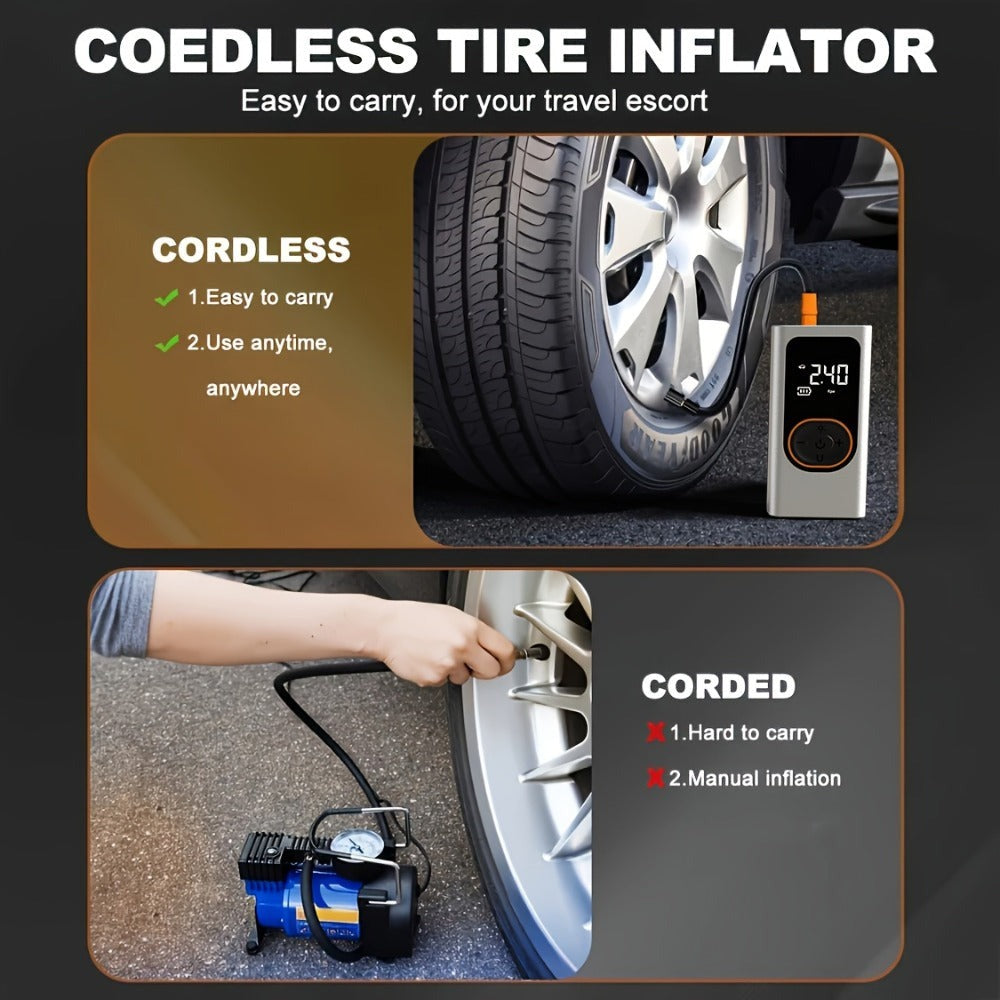 Inflador de neumáticos portátil inalámbrico de 150 PSI con medidor digital y luz LED, compresor de aire recargable USB-C - Infla rápidamente coches, bicicletas, motocicletas, balones, etc., herramienta portátil para inflar neumáticos, equipo de viaje para