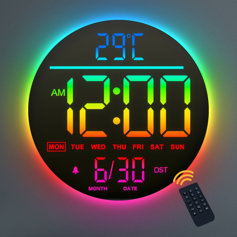 Reloj de pared digital grande de 25.4cm | Con pantalla LED grande, temporizador de cuenta regresiva de alarma, color RGB, DST automático, batería de respaldo preestablecida, control remoto, brillo de 5 niveles, campana musical, marco de plástico espejado