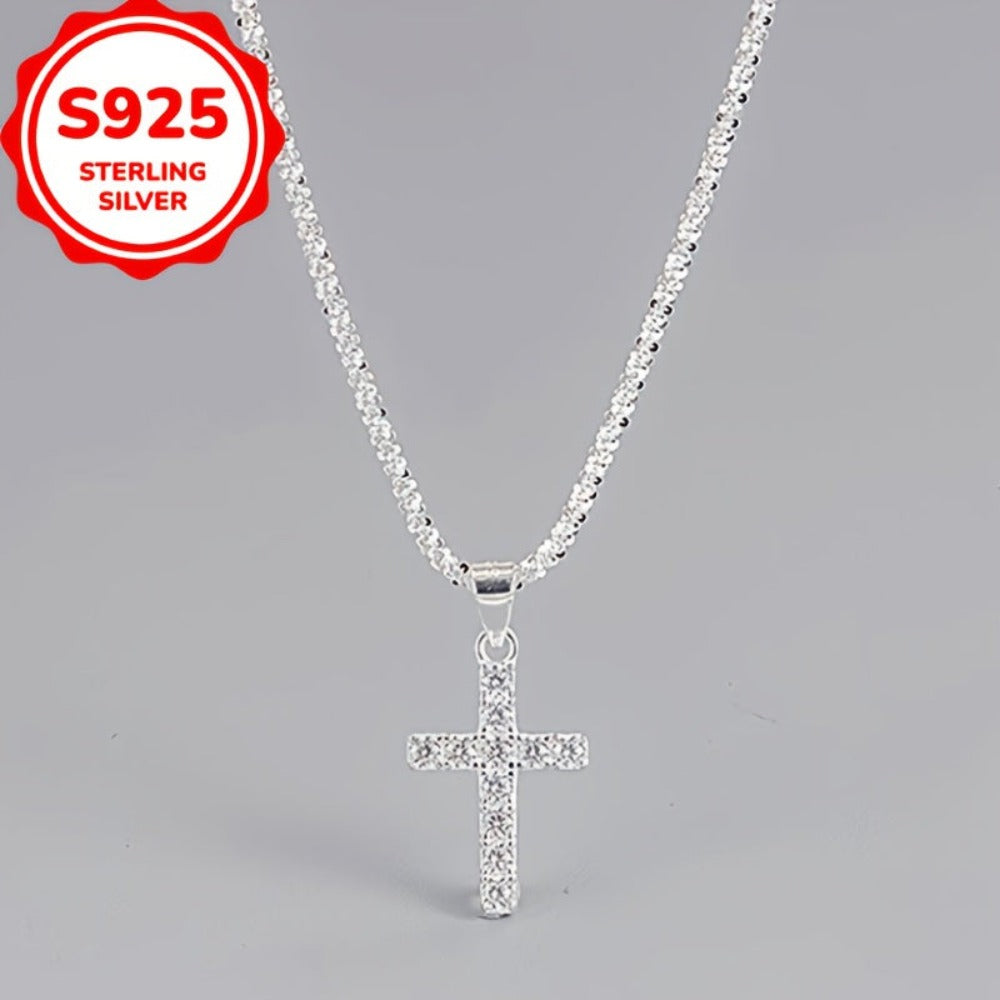 Collar con cruz brillante de plata esterlina S925, cadena de clavícula minimalista y moderna en estilo étnico para mujeres, resalta la personalidad y la elegancia.