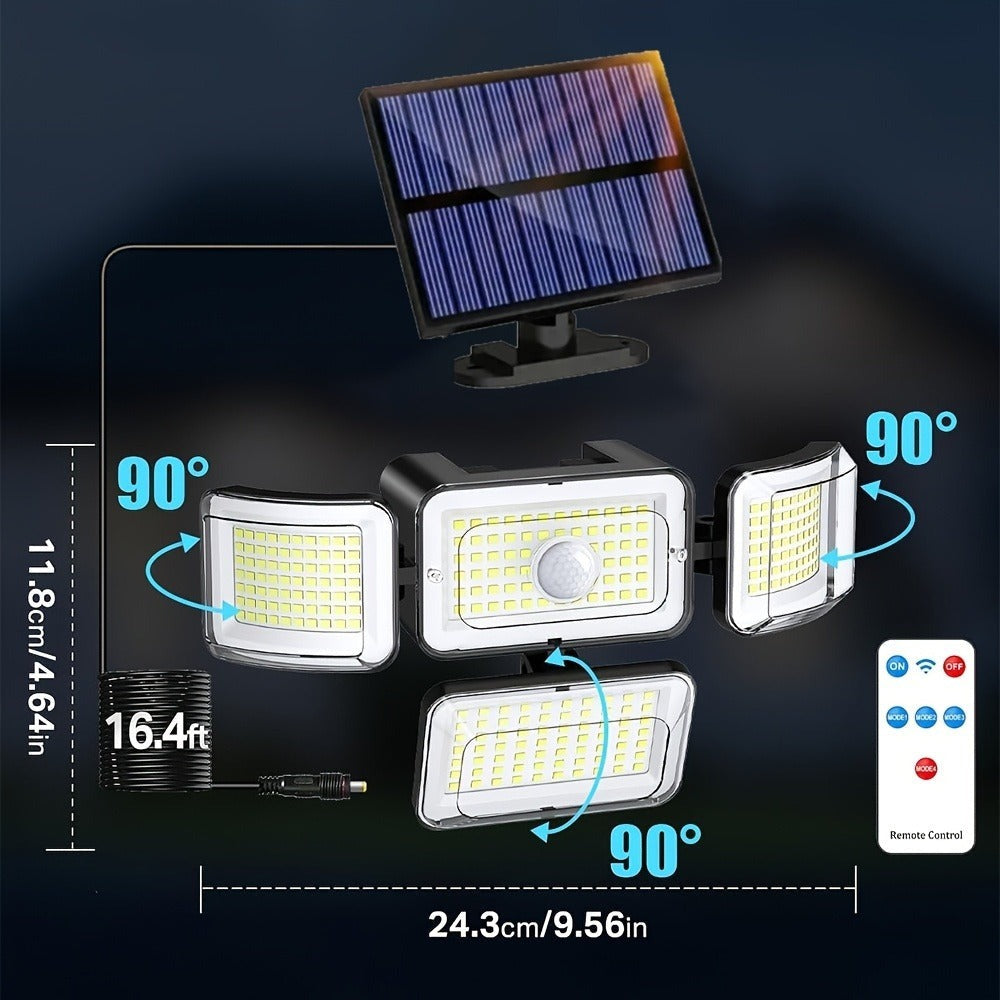 2/4 piezas de luces solares de pared para exteriores, 288 LED con sensor de movimiento y control remoto, 4 modos de iluminación para patio solar, focos de seguridad de gran angular de 270°, luz solar de pared de 4 cabezales para porche, jardín, garaje, te