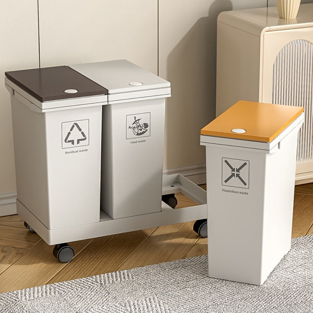 Cubo de basura de cocina de gran capacidad de 60L/36L/24L con compartimentos separados - Con ruedas, resistente a los olores, separación de residuos secos y húmedos, forma rectangular, tapas con botón de presión, fácil de limpiar, gestión de residuos de c