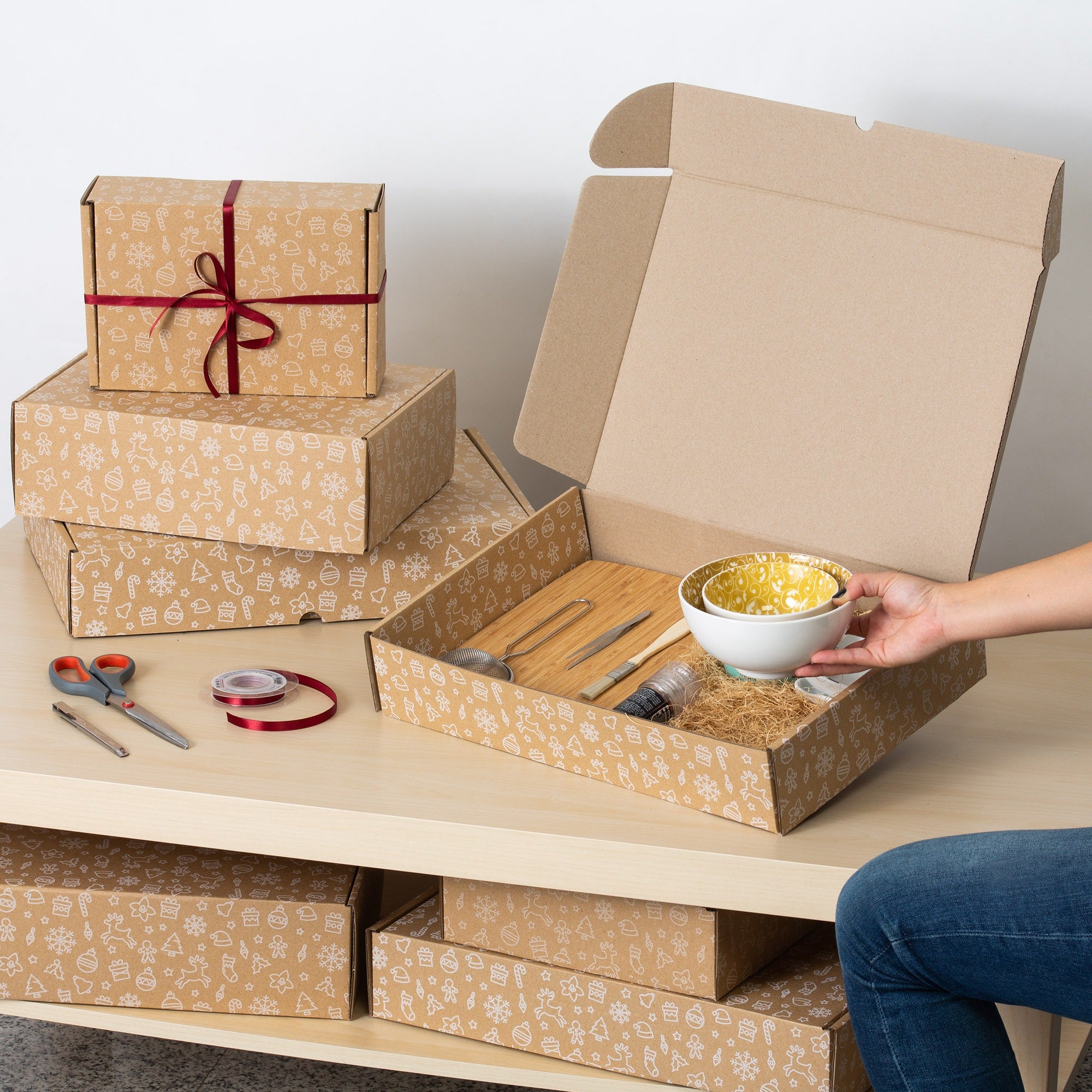 Caja Cartón Envío Navidad, Caja Cartón Navidad Automontable de Cartón Kraft, Caja Regalo - Packer PRO