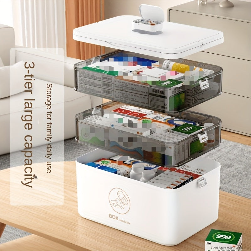 Contenedor de Medicamentos de 3 Niveles con Tapa Abatible, Organizador Familiar Grande para Emergencias, Cierre a Presión, Plástico Duradero, Caja Portátil para Hogar, Dormitorio, Baño y Oficina, Organizador de Medicamentos,Organizador de Escritorio,Diseñ