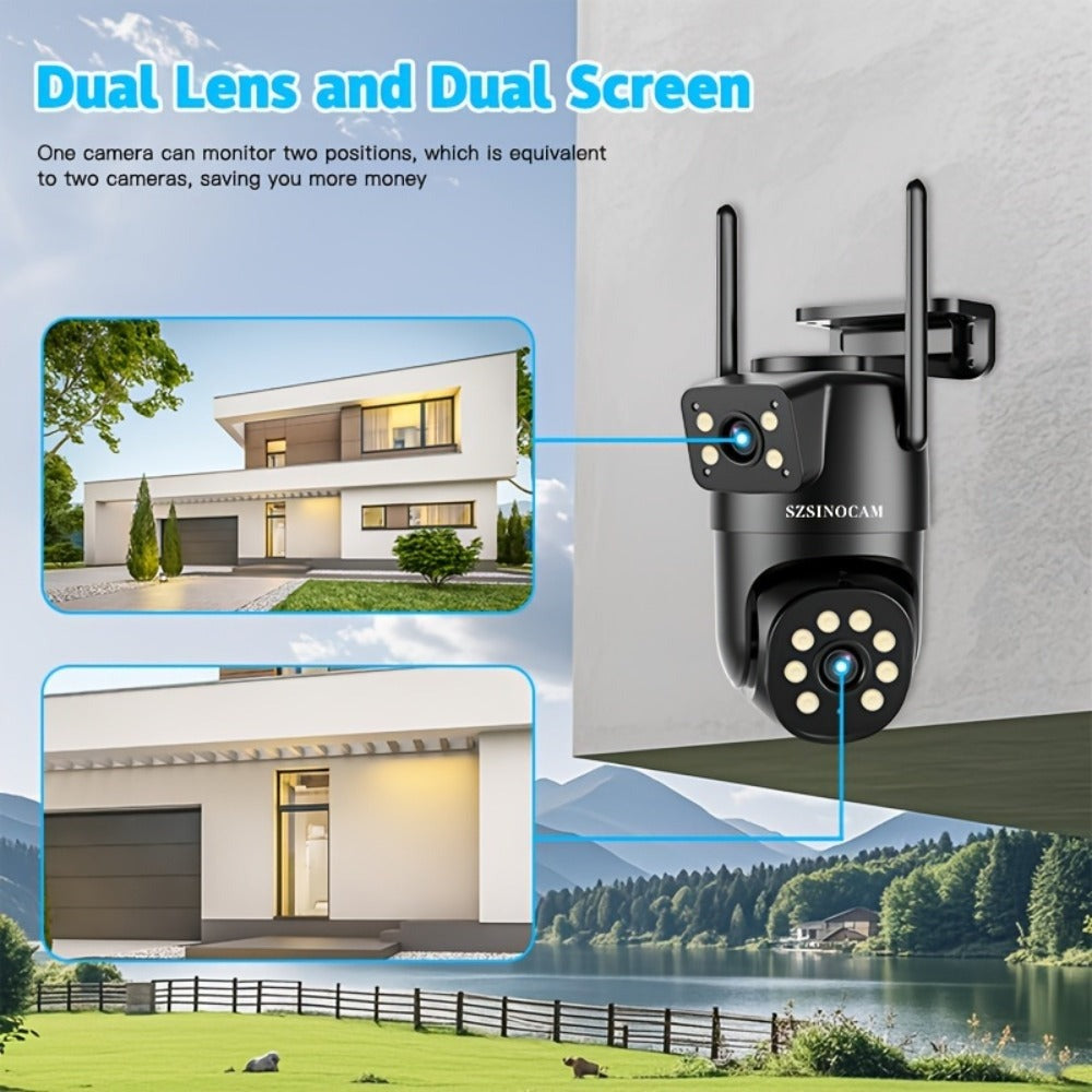 Cámara de seguridad PTZ para exterior de 1080P con enlace de doble lente, cámara inalámbrica, vista de 360°, seguimiento automático, detección humana, alarma de luz, visión nocturna en color, WiFi 2.4G, grabación 24/7, audio bidireccional