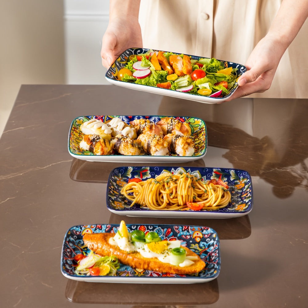 Platos de ensalada rectangulares de cerámica de 8,5 pulgadas (21,59 cm), platos de cena, platos de postre de pasta para aperitivo, sushi, frutas - Seguros para microondas/lavado a mano, juego de 6, regalos creativos para vacaciones