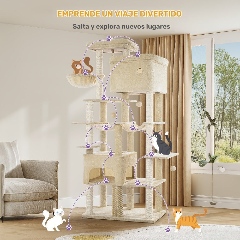 Poste Rascador para Gatos 200cm XXL, Incluye 10 Postes Rascadores, 2 Camas para Gatos, 2 Hamacas, Plataforma Grande, Cepillo para Gatos, Cesta, Árbol para Gatos de Alta Resistencia, Adecuado para Maine Coons y Gatos Grandes, Gris Claro, Gris Oscuro, Beige