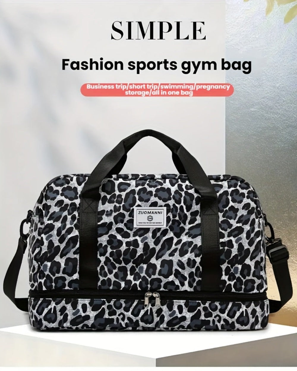 Maleta moderna con estampado de leopardo y amplio espacio, con compartimento separado para zapatos, correa de hombro ajustable, ideal para el gimnasio, yoga y escapadas de fin de semana, así como actividades de ocio y camping al aire libre