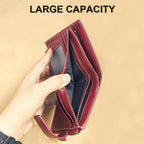 Monedero Ciephia de Cuero Genuino con Bloqueo RFID - Rojo Compacto con Detalles Dorados, 14 Ranuras para Tarjetas, Ventana Extraíble para DNI y Bolsillo con Cremallera para Monedas, Regalo Casual para San Valentín o el Día de la Madre, Apto para Hombres y