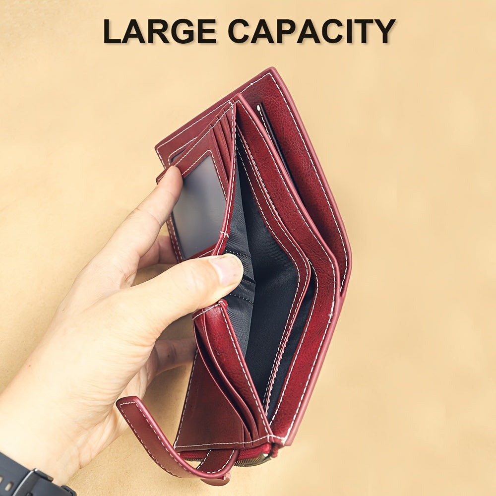 Monedero Ciephia de Cuero Genuino con Bloqueo RFID - Rojo Compacto con Detalles Dorados, 14 Ranuras para Tarjetas, Ventana Extraíble para DNI y Bolsillo con Cremallera para Monedas, Regalo Casual para San Valentín o el Día de la Madre, Apto para Hombres y