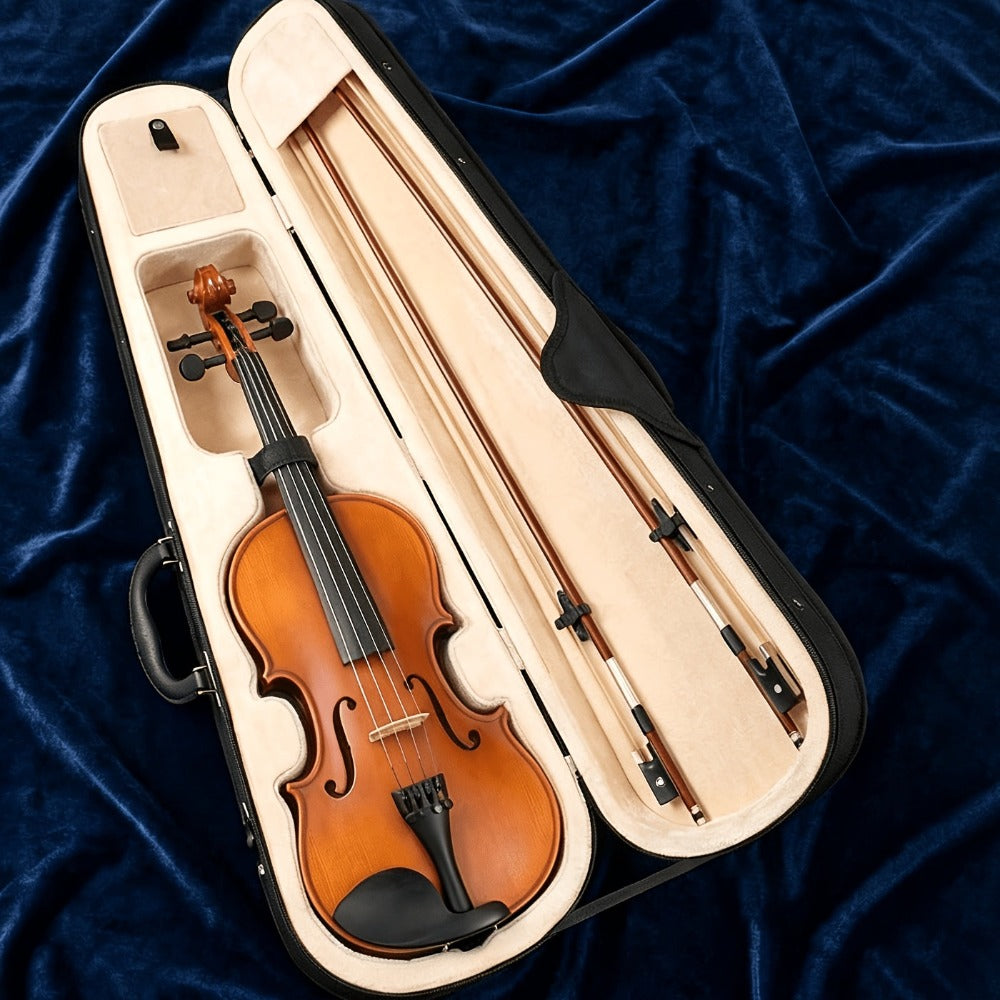 Juego de violín tamaño completo 4/4 - Kit de instrumento de madera hecho a mano con arco, apoyamandíbula y accesorios - Paquete de inicio para estudiantes principiantes, madera natural