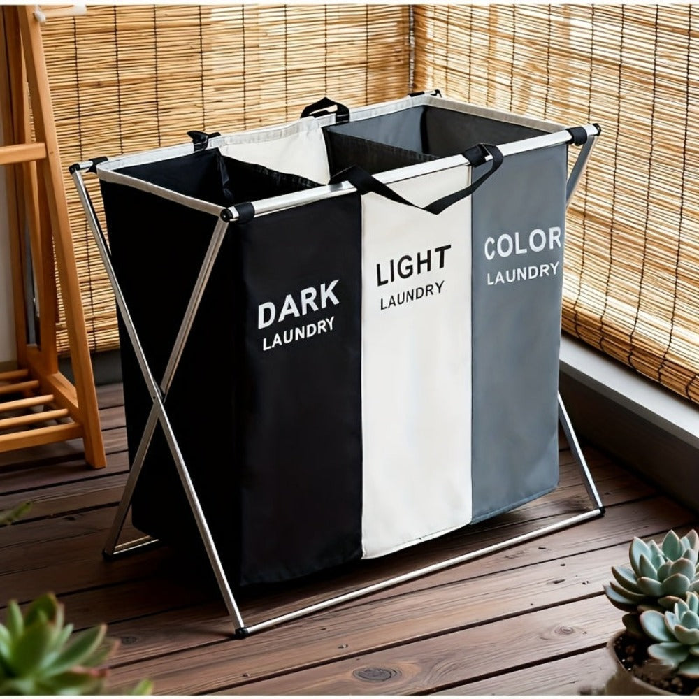 Cesto de lavandería plegable extra grande con tres compartimentos, cesta clasificadora de ropa plegable - Tela Oxford, estructura de aluminio duradera, bolsa de almacenamiento portátil y rectangular con asas - Perfecto para usar en el baño o el dormitorio
