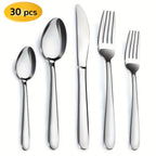 Juego de 30 piezas de cubertería de acero inoxidable plateado para 6 personas. Vajilla de alta calidad con cuchillos, tenedores y cucharas. Juego de cubertería para hotel, fiesta, boda, hogar, cocina, restaurante, exterior. Muy pulido, mango ergonómico. L