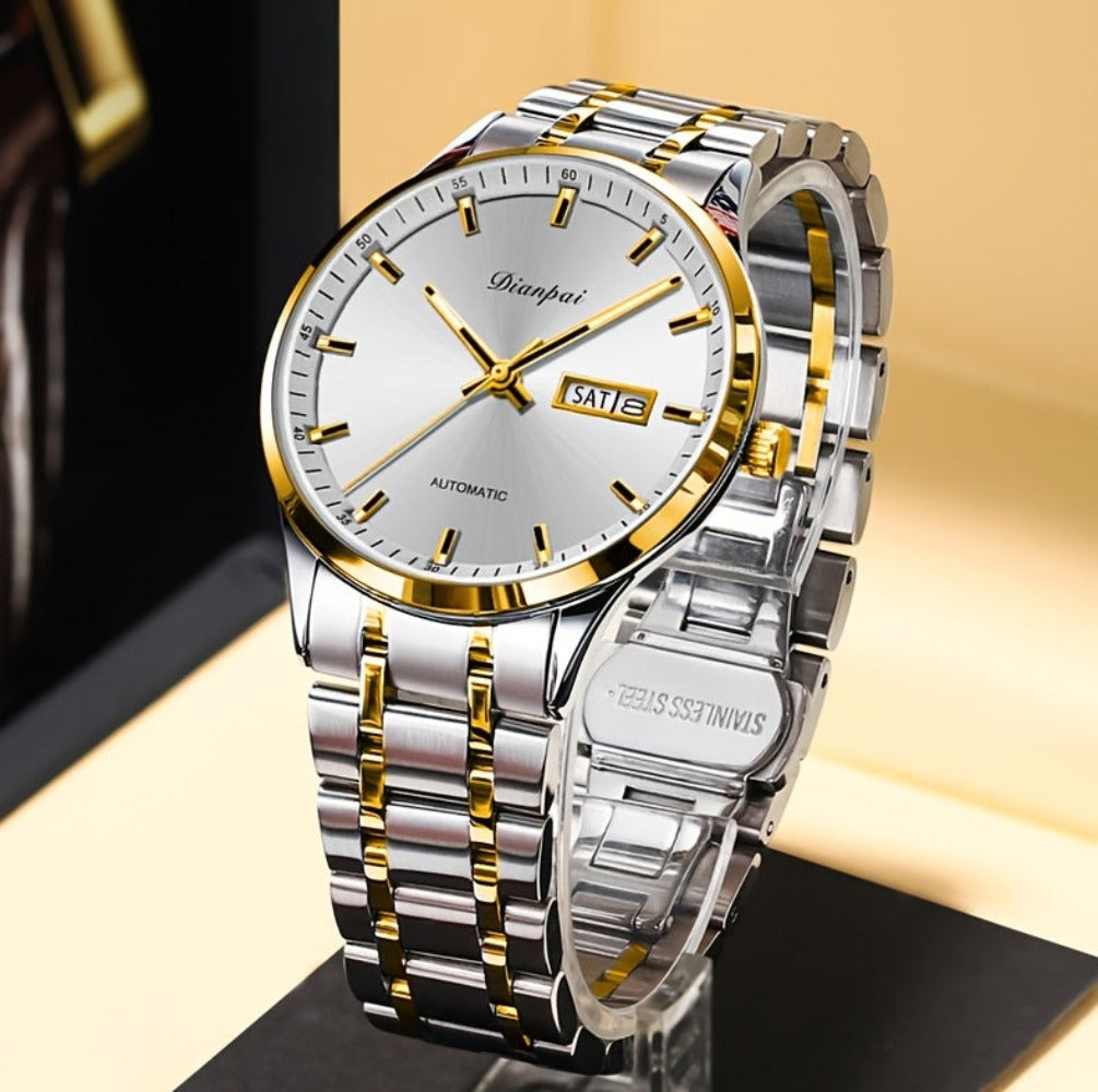 Un reloj de hombre tradicional y sofisticado con un calendario luminoso, fabricado con una correa de acero inoxidable, lo que lo convierte en un regalo ideal para hombres. El reloj mecánico automático Dianpai para negocios, sin batería.