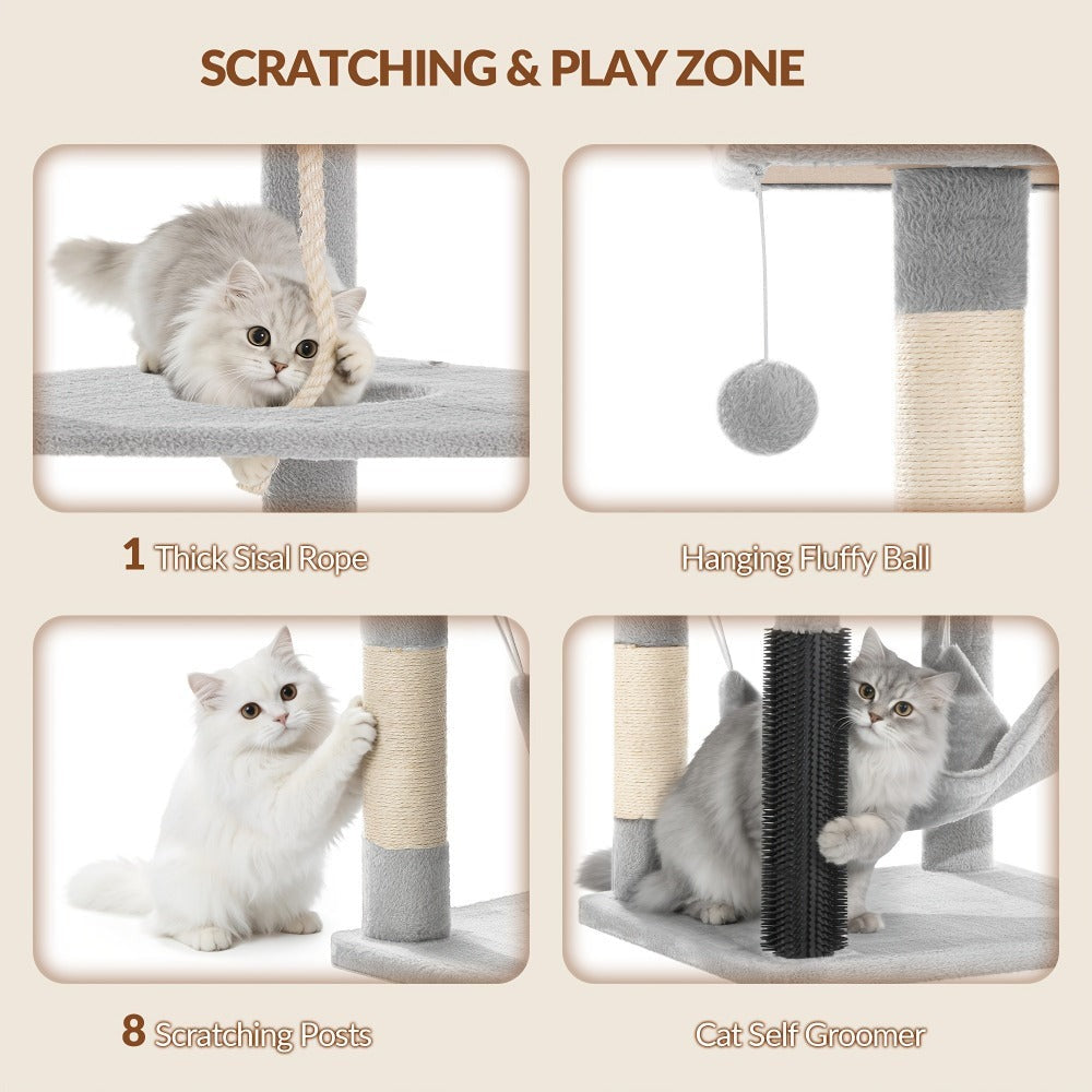 Árbol para gatos de 220 cm de varias capas con 3 casitas para gatos, 3 plataformas, 3 hamacas, 8 postes de sisal, 1 bola de pelo y 1 cuerda de sisal