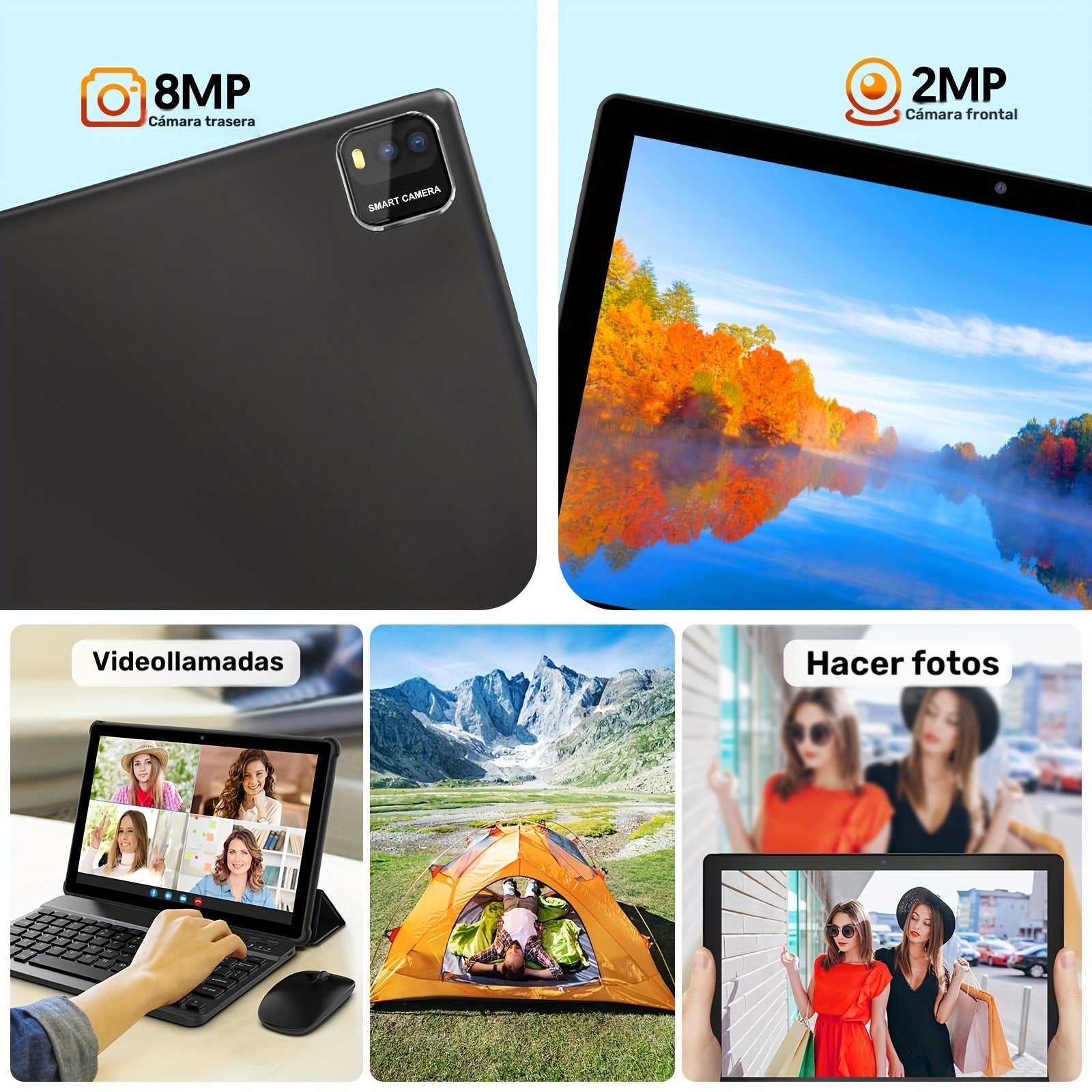 Tablet | Tablet Android 15 de 10 pulgadas, 12 (3+9) GB de RAM, 64 GB de ROM, Procesador Quad Core, Cámara de 2.0MP+8.0MP, 6000mAh, Múltiples