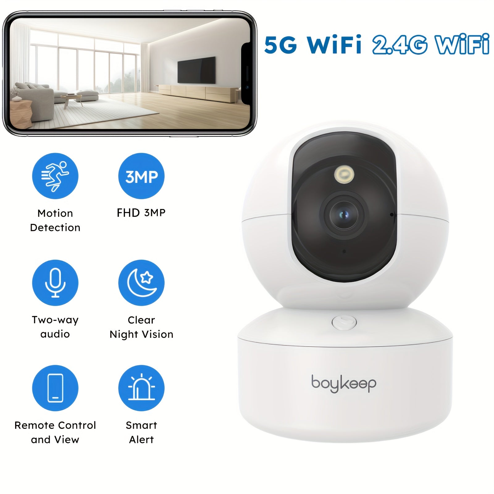 Cámara Inteligente WiFi BoyKeep 5g/2.4ghz, Monitor de Seguridad Interior de Alta Definición, Cámara de Seguridad Especial para Bebés y Mascotas, Video de Vigilancia Panorámica de 360°, Visión Nocturna, Llamadas Bidireccionales, Tarjeta de Memoria y Almace