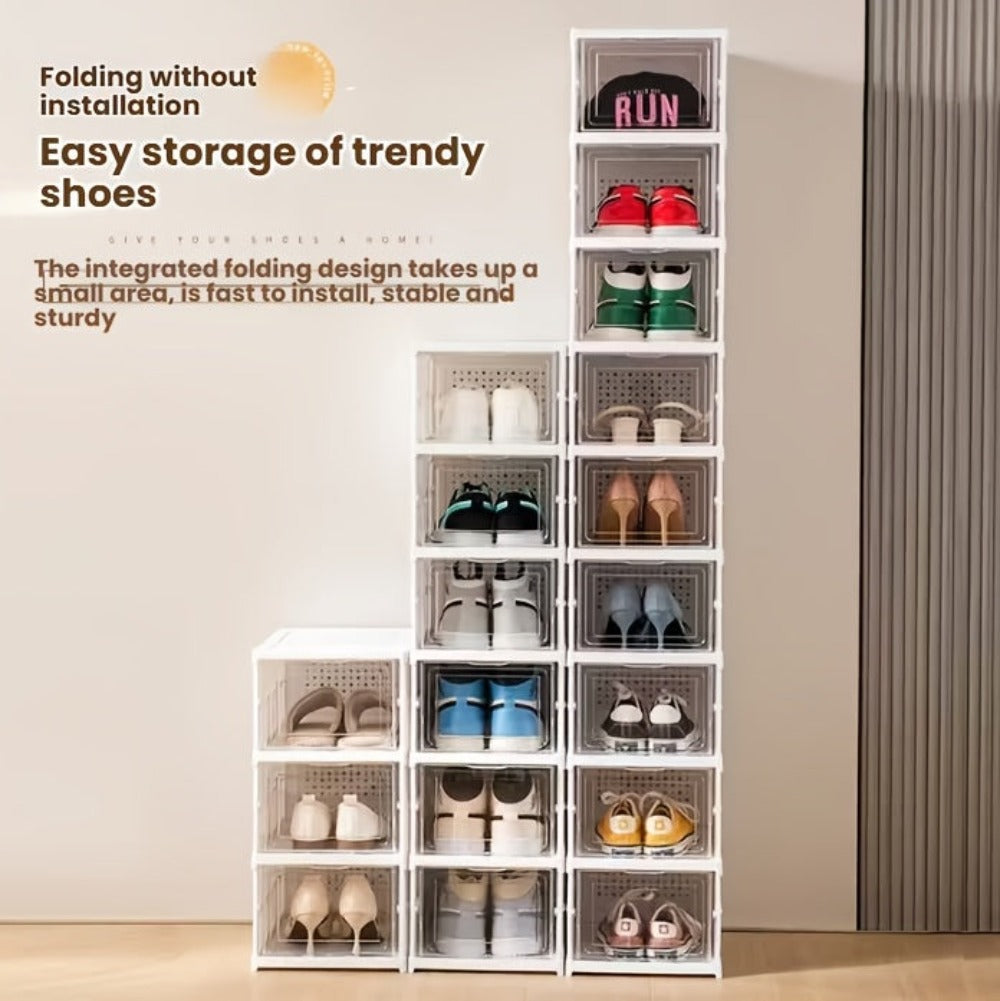 Cajas de Zapatos Apilables, Contenedores de Almacenamiento de Zapatos de Plástico Engrosado de 6 y 9 Niveles – Estante de Zapatos Plegable y Colapsable con Diseño de Tapa Abatible, No Requiere Montaje, Diseño Vertical Ahorrador de Espacio, Adecuado para Z