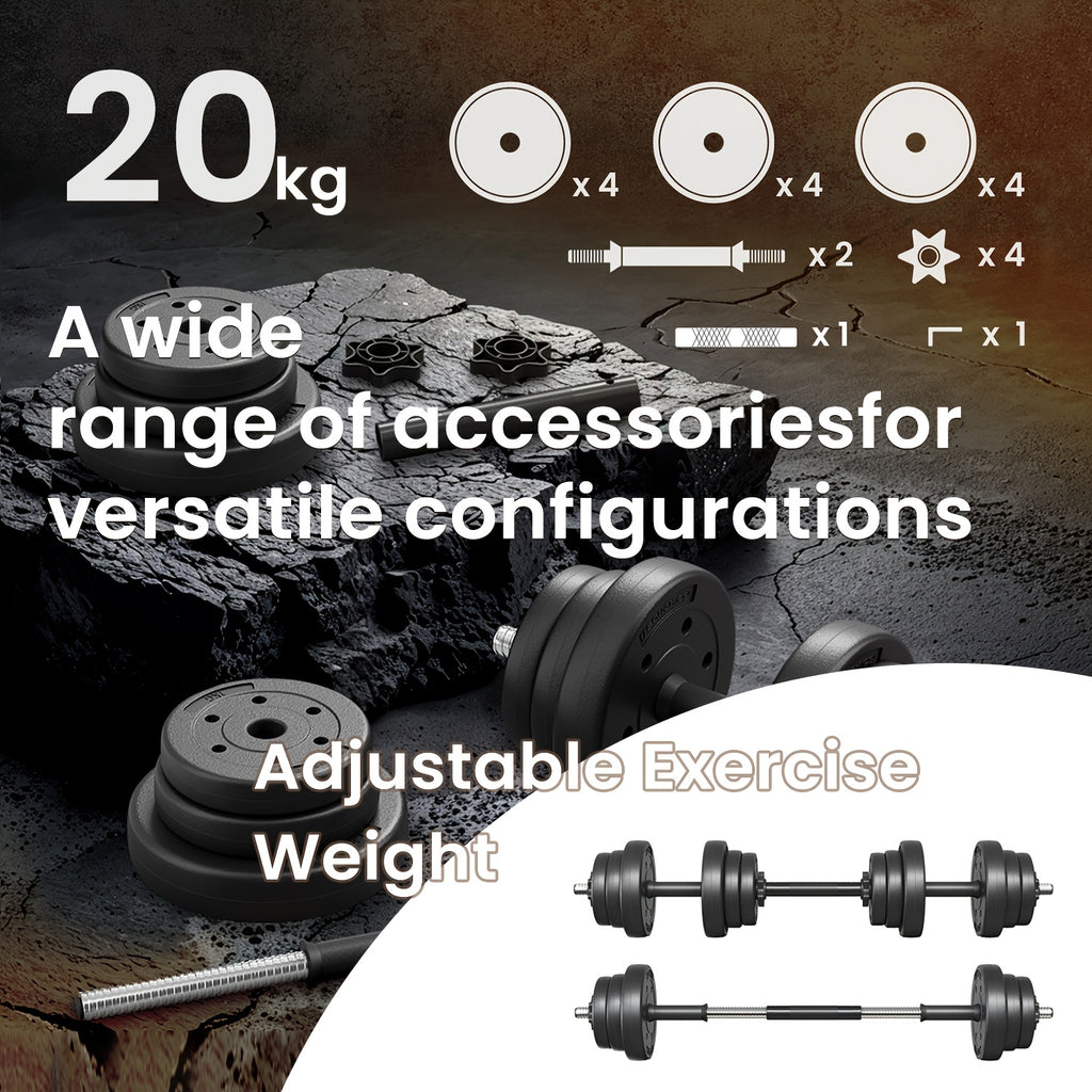 Juego de Mancuernas, Barra de Musculación, 2 Mancuernas Ajustables de 10 kg con Barra de Musculación Extra, Revestimiento de Plástico, Tinta