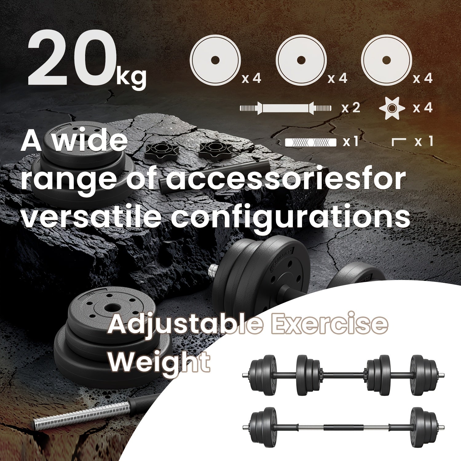 Juego de Mancuernas, Barra de Musculación, 2 Mancuernas Ajustables de 10 kg con Barra de Musculación Extra, Revestimiento de Plástico, Tinta