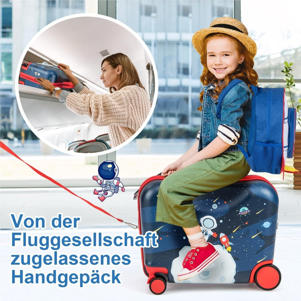 Juego de Equipaje Infantil de 2 Piezas + Mochila, Maleta con Ruedas de 12"+18" y Carcasa Impermeable, Equipaje para Niños y Niñas con Tema de Astronauta (Tema Astronauta)