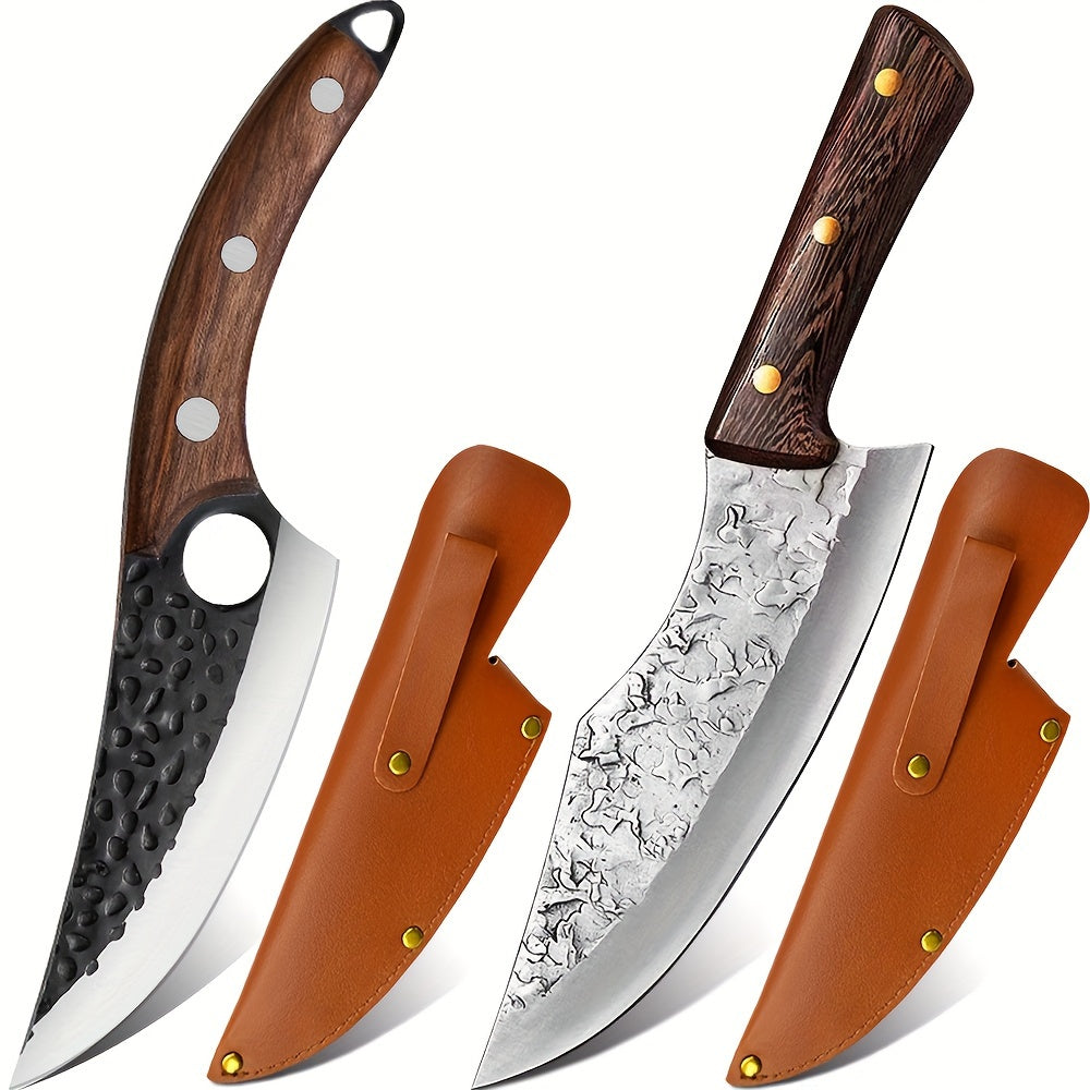 2 cuchillos de chef, cuchillo de cocina con funda de cuero - Cuchillo de chef forjado a mano, perfecto para cuchillo de rebanar, cuchillo japonés para el hogar