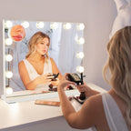 Espejo de maquillaje Hollywood con iluminación - Espejo de tocador con 14 luces LED, puerto USB, espejo cosmético de 50x40 cm - Espejo de tocador táctil regulable con 3 modos