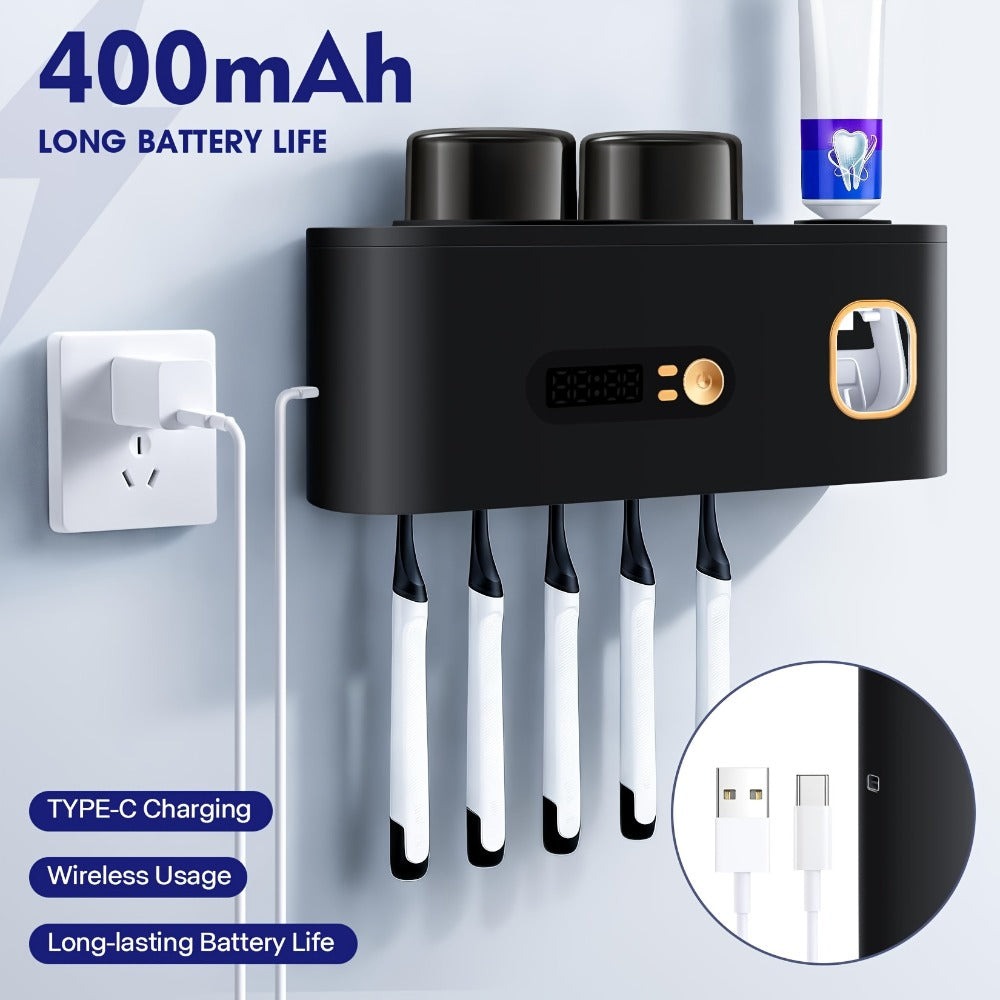 Portacepillos de dientes inteligente de pared automático y dispensador de pasta de dientes con UVC, una operación, panel de visualización, apto para baño, sistema de secado higiénico, ahorra espacio para baños pequeños, exprimidor automático de pasta de d