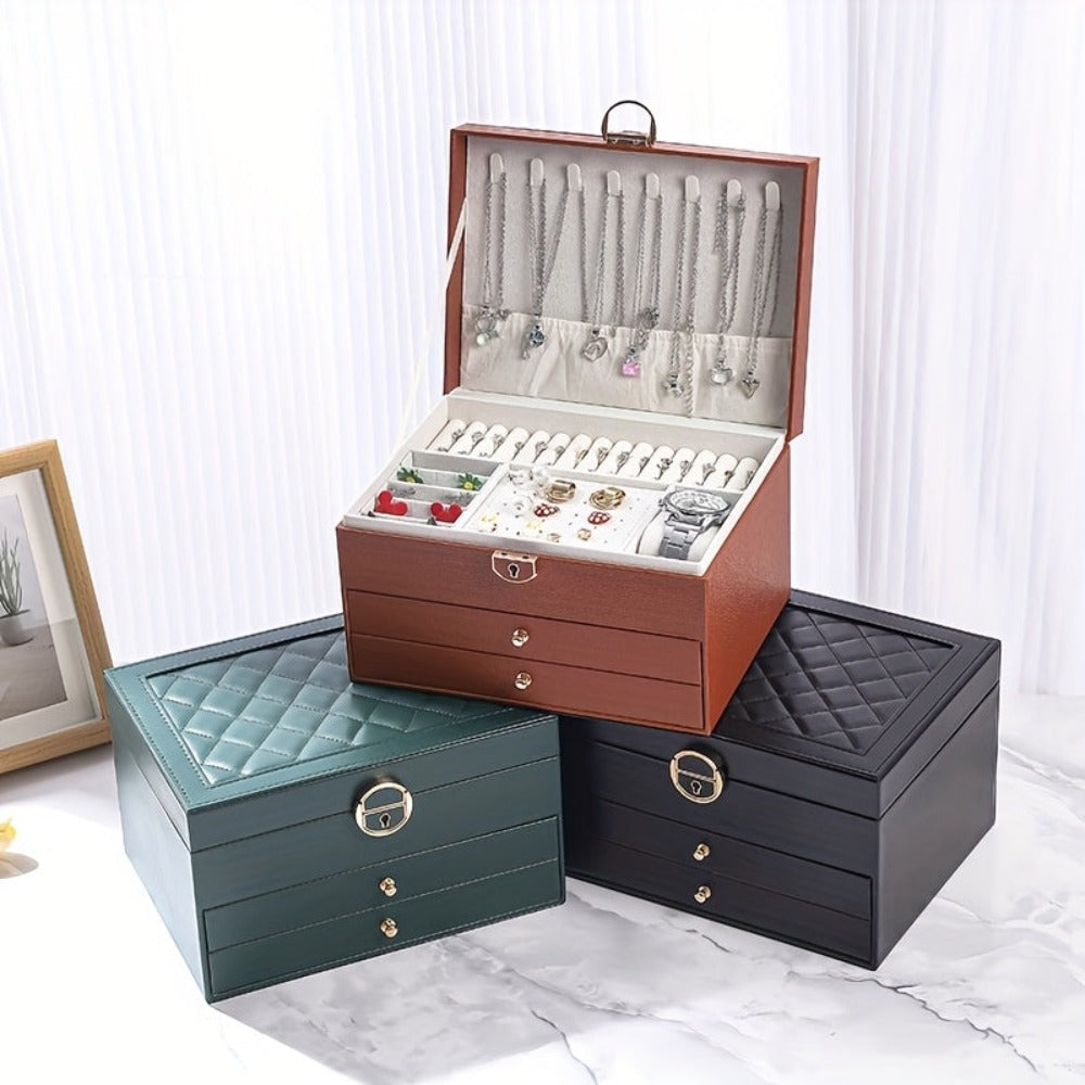 Joyero de tres capas de terciopelo y piel sintética, compacto y portátil para guardar aretes, anillos, collares y otros suministros para hacer joyas