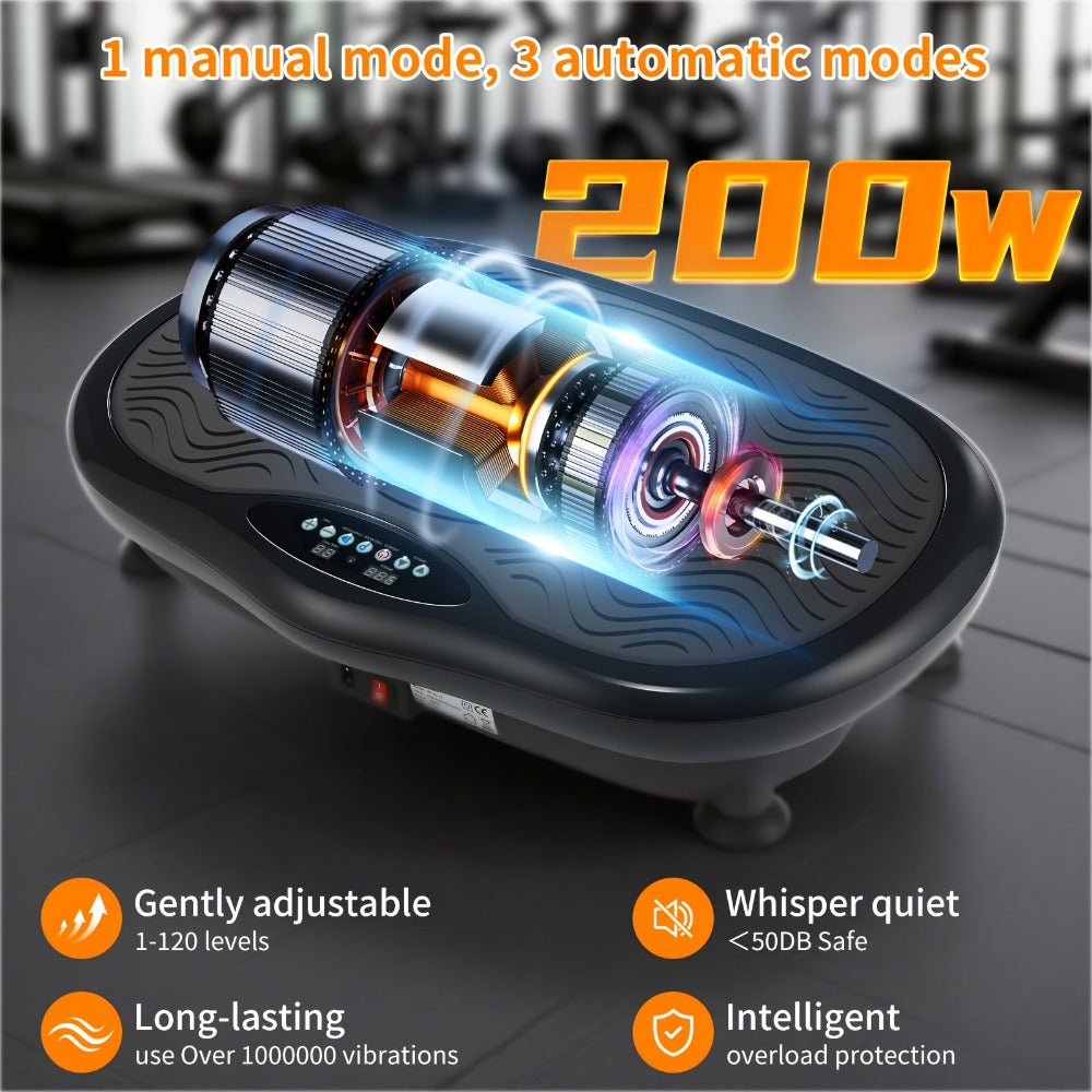 Placa vibratoria inteligente, ajuste de 120 velocidades, motor de 200W, 1 modo manual y 3 modos automáticos, botones de acceso rápido LCD, control remoto + altavoz de música, bandas de resistencia + esterilla de yoga, plataforma de fitness para el hogar p