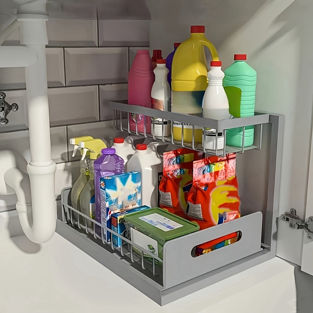 1 estante extraíble de doble capa para debajo del fregadero, estante multifuncional de acero al carbono para cocina y baño, adecuado para organizador de artículos esenciales y de limpieza - Negro/Blanco