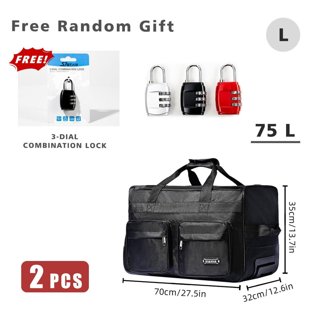 [Varios tamaños] Bolsa de lona con ruedas y candado de seguridad aleatorio GRATIS | 2 artículos en total: 1 bolsa (elija entre 35L, 55L, 70L, 105L) + 1 candado | Opción de equipaje de mano | para senderismo, playa, viajes