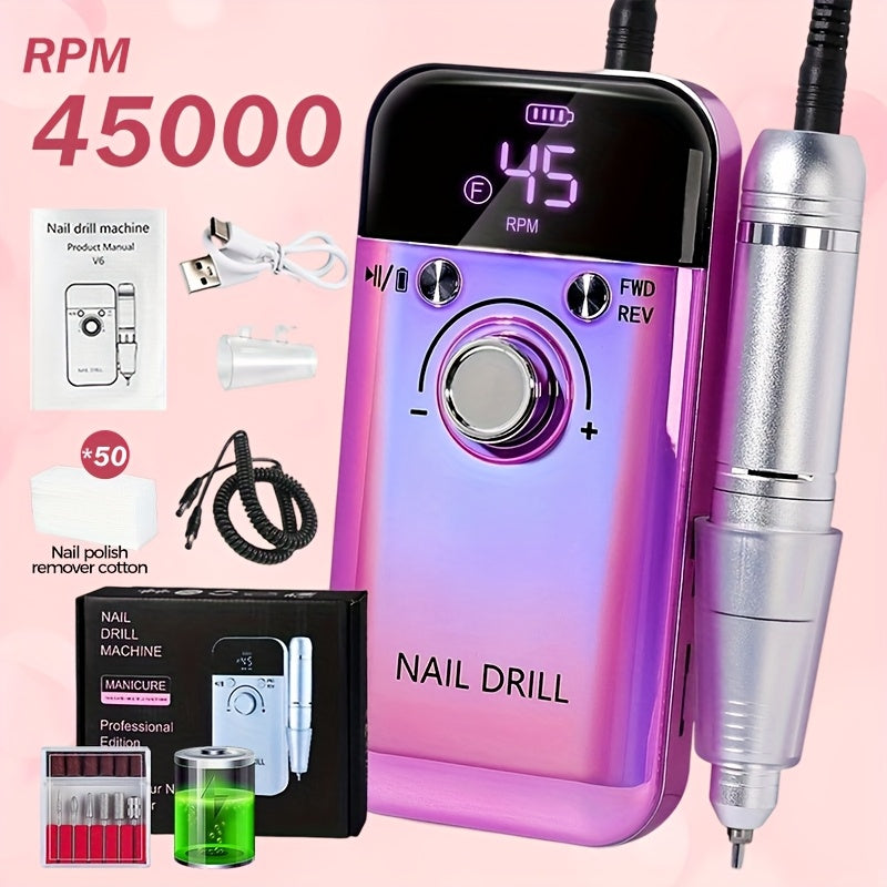 Set de Torno Eléctrico Profesional para Uñas, 45000 RPM, Herramienta Recargable USB Portátil para Uñas Artísticas, Adecuado para Uñas de Cristal, Uñas de Gel, Herramientas de Pulido para Manicura, Herramientas de Modelado para Manicura, Suministros para T