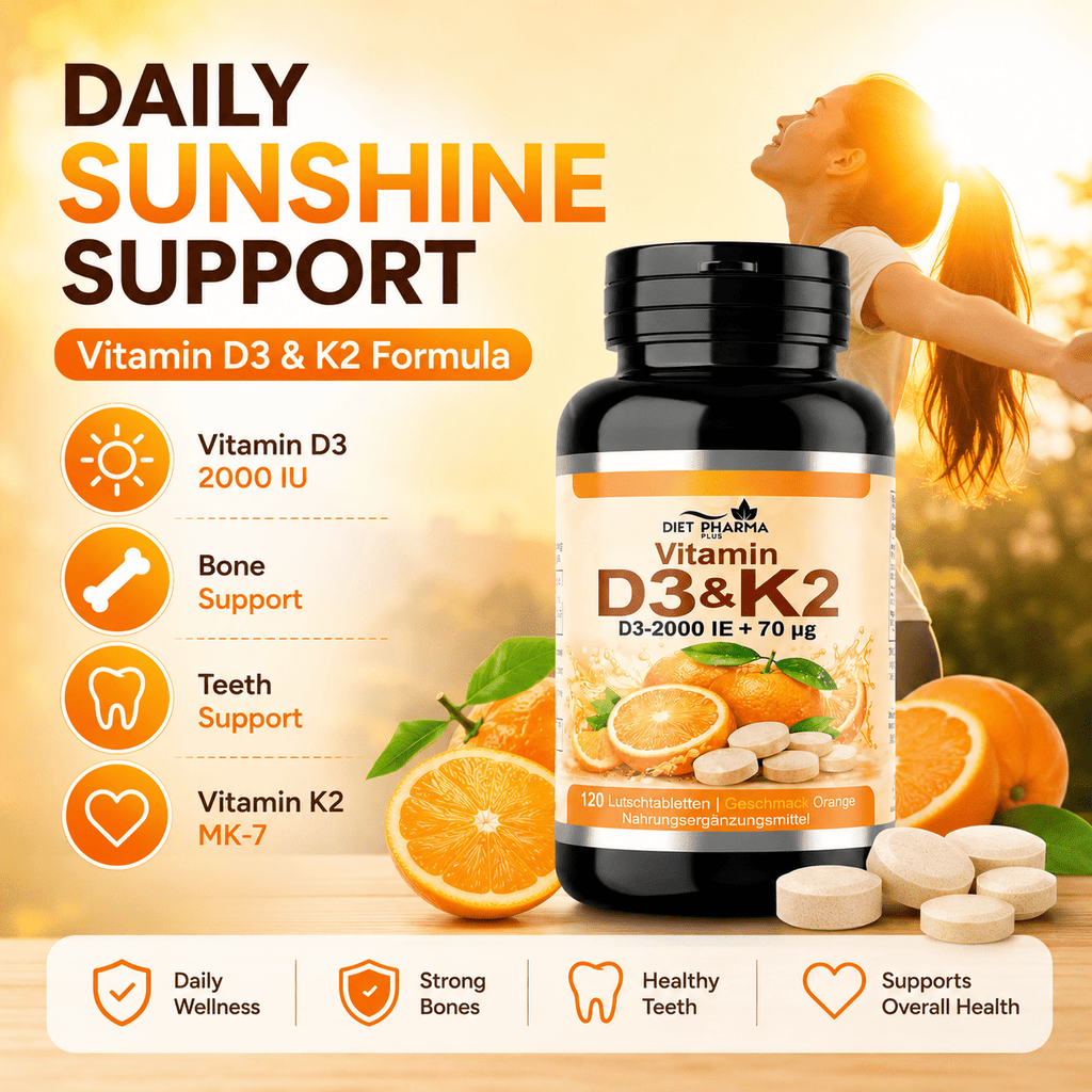 Tabletas masticables de Vitamina D3 + K2 – 120 tabletas – Sabor naranja – Suplemento alimenticio con Vitamina D3 y Vitamina K2 – Tabletas fáciles de masticar para adultos