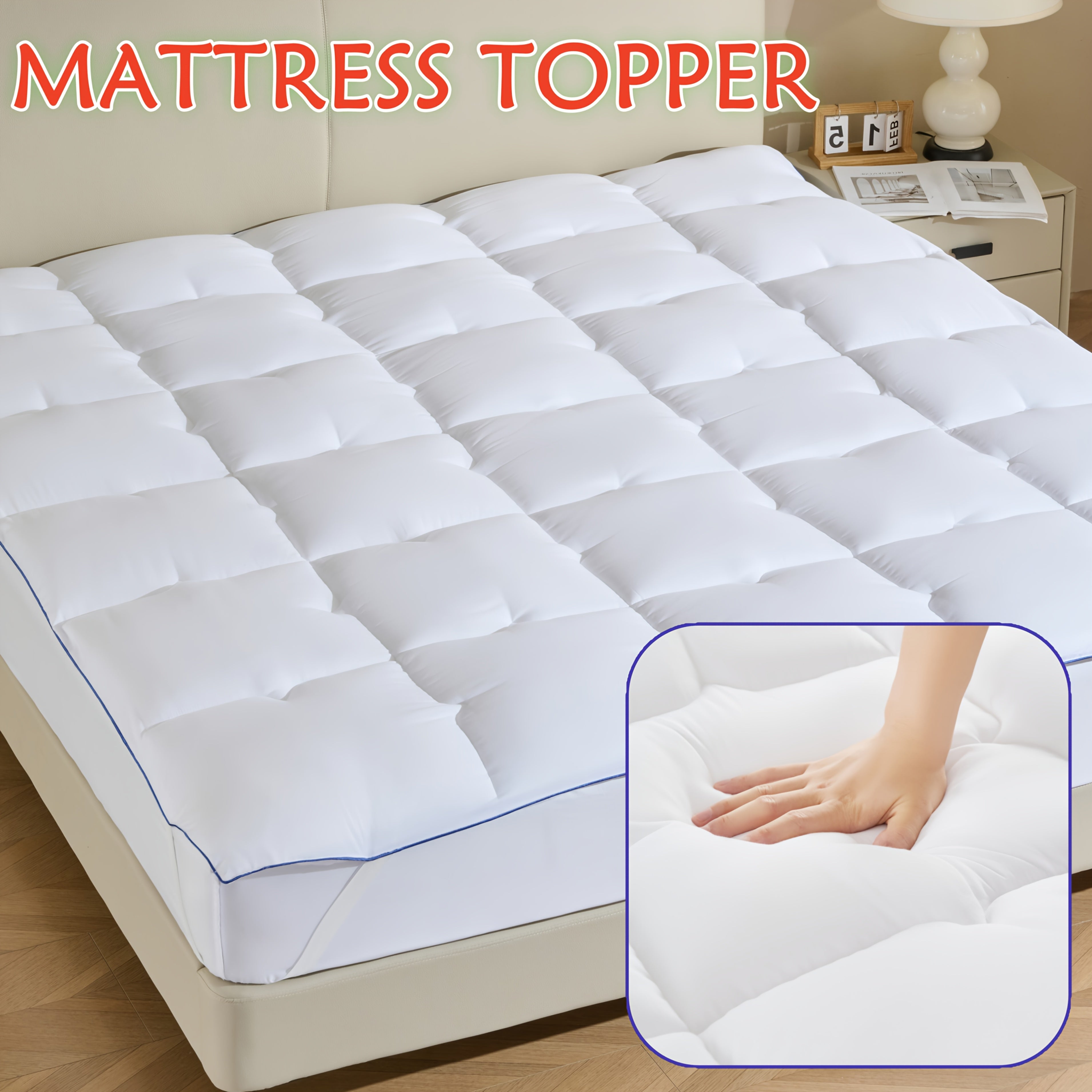 Topper de colchón de calidad hotelera, patrón acolchado único, suave y cómodo, apto para todas las estaciones, relleno de fibra rica de 800 GSM, lavable a máquina, práctico para guardar.
