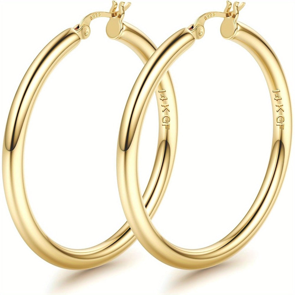 Pendientes de aro plateados de oro de 14K para mujer con poste de plata 925, aros huecos de 4 mm de grosor, aros dorados, aros grandes dorados hipoalergénicos y ligeros de 25/30/40/50/60/70 mm