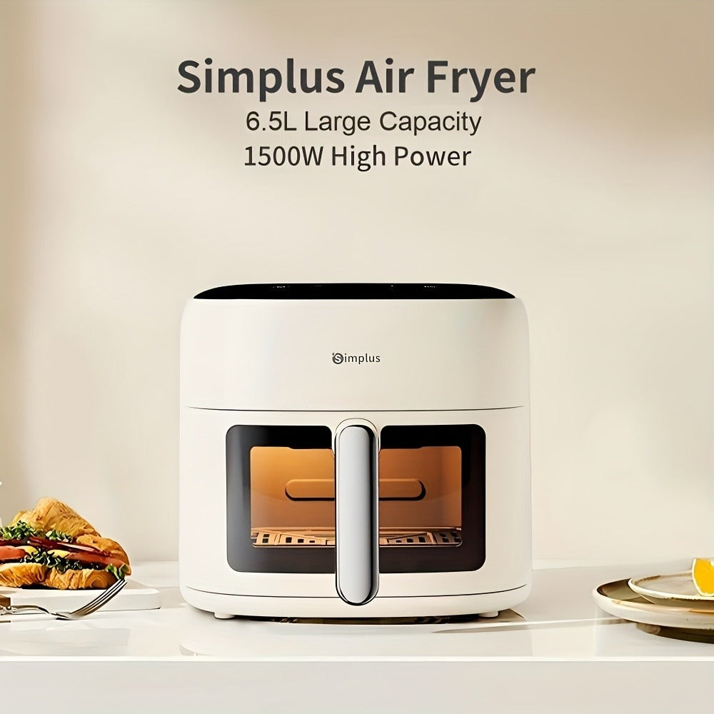 La freidora de aire Simplus tiene una amplia capacidad de 6.5L, adecuada para 5 a 8 personas. Es compacta para un fácil almacenamiento y cuenta con una ventana de cocción visual junto con una pantalla táctil LCD holográfica completa para un uso sencillo.