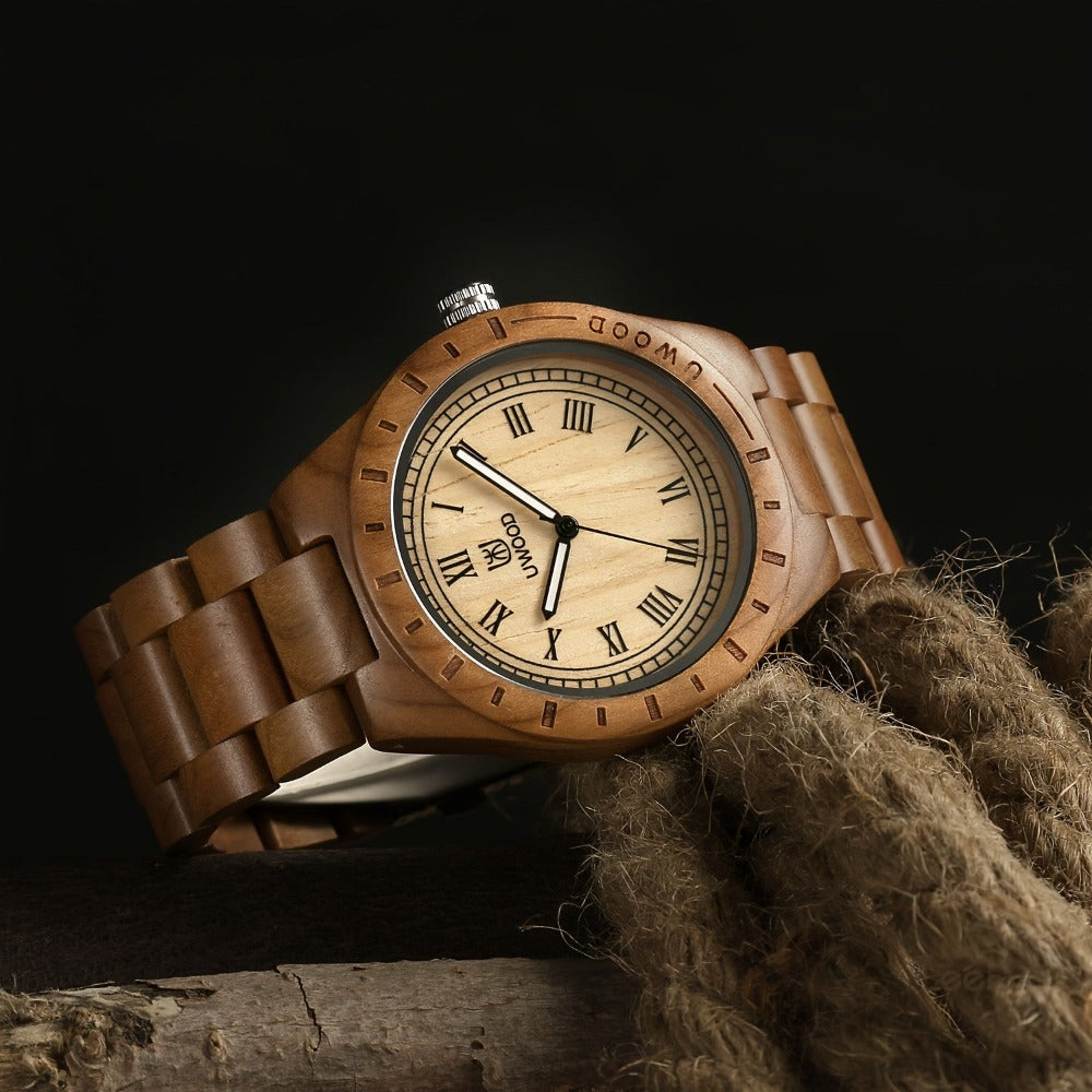 Leeev Reloj de Mano Ligero y Distintivo de Madera para Hombre, Colección Uwood Hecho a Mano de Sándalo Analógico de Cuarzo Vintage con Números Romanos, Reloj de Pulsera de Madera Natural