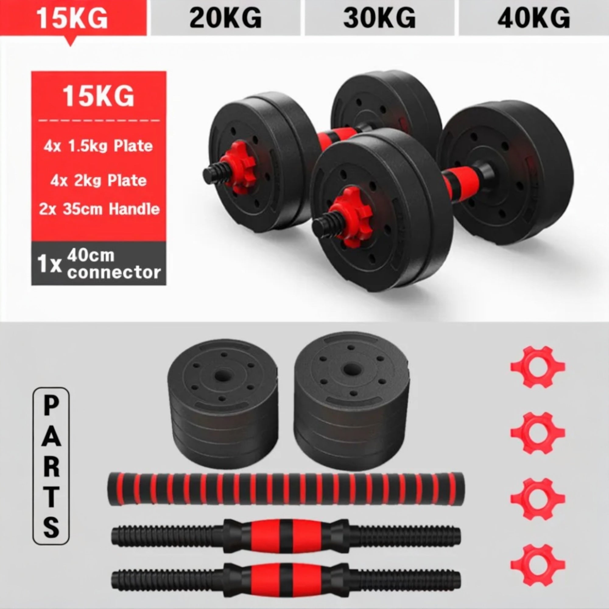 Conjunto de mancuernas ajustables 2 en 1, con barras, multifuncionales 10KG-15KG-20KG-30KG. Conjunto de pesas con conexión de barra combinable libremente, 10/15KG/20KG/30KG... Ajustable, mancuernas cortas y largas, cierres en forma de estrella y tubo de c