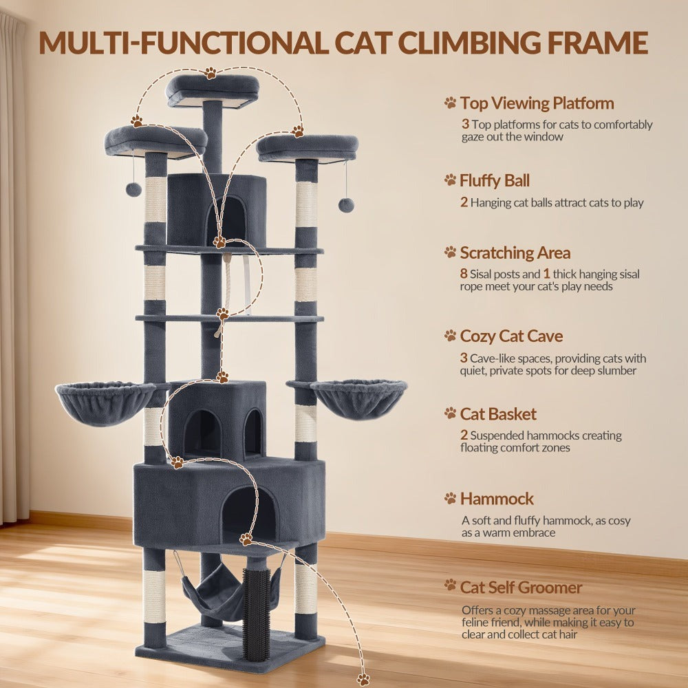 Árbol para gatos de 220 cm de varias capas con 3 casitas para gatos, 3 plataformas, 3 hamacas, 8 postes de sisal, 1 bola de pelo y 1 cuerda de sisal